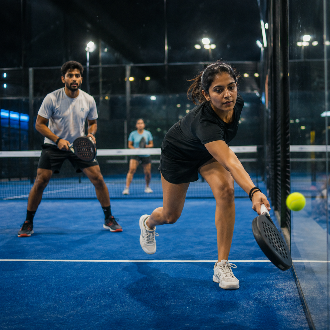 Mixed doubles padel point at a floodlit glass court